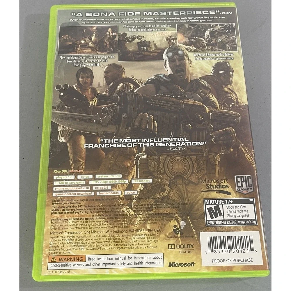 Gears of War 3 (Xbox‎ 360, 2011) Video Game Microsoft Mature 17+ Used With Case
